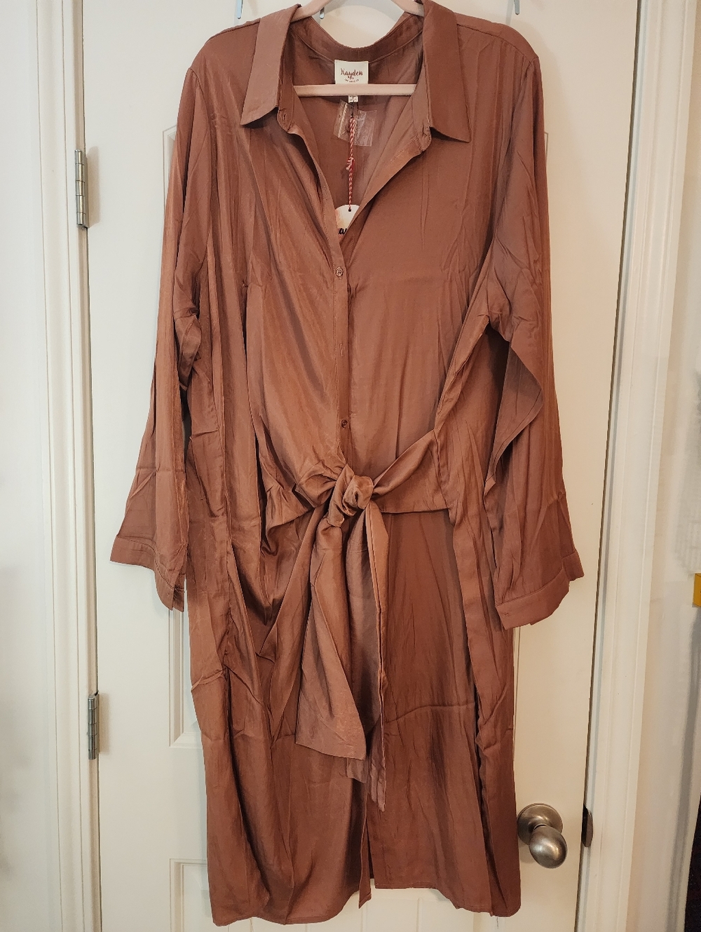 Hayden LA Tie-Front Long Shirt Dress Warm Brown Satiny Side Slits 2XL NWT Earthy